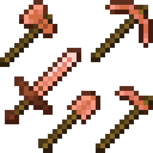 a minecraft copper axe, pickaxe, sword, shovel and hoe